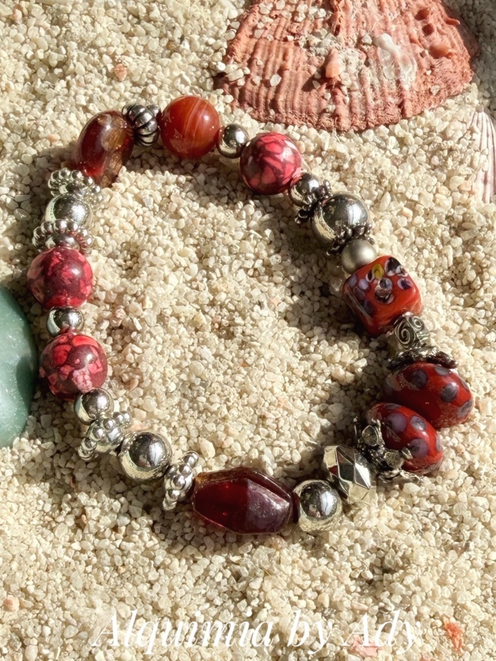 TURQUOISE CARNELIANS Red and Silver Beaded Stretch Bracelet